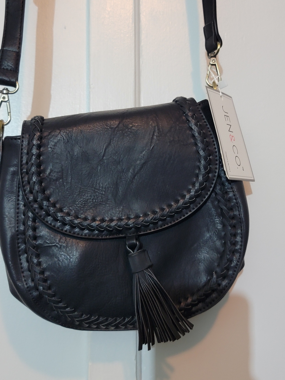 Jen & Co. Black Braided Leather Crossbody with Tassel